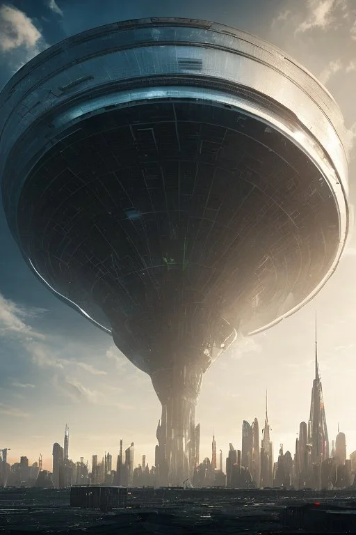 <@1070343311166017606>: Enormous alien mothership looming over a futuristic city skyline, Imposing presence, extraterrestrial invasion, awe- inspiring scale, ominous atmosphere, desperate resistance, hyperdetailed, story telling, moody, cinematic view, hyperrealistic, scifi movie scene,in a four dimension environment