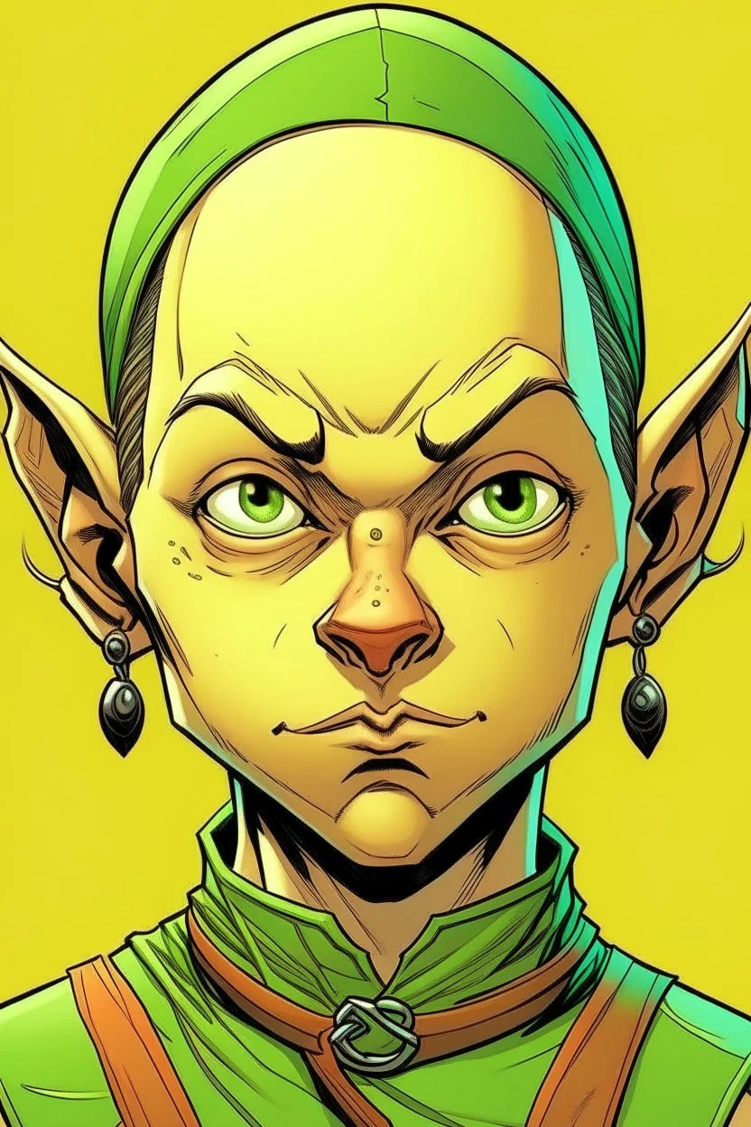 Portrait of female halfling with no hair, comics Frank Cho style