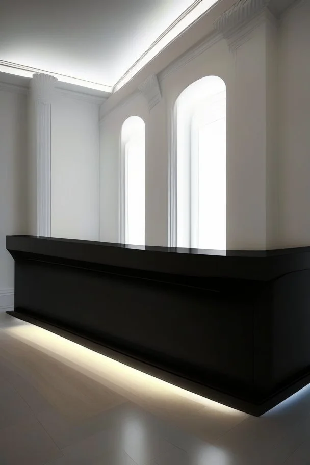 A reception desk with black walls, a white floor, and hidden or rich lighting, and it is suitable for a museum