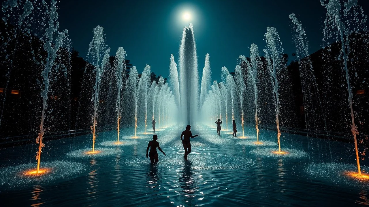 moonlight, frolicking in sparkling fountains, recreation, relaxation, luxury, magnificent, showers, glistening water spray, people, dream world, calm beauty, symmetry, fantasy world, magic, splendor, uplifting, inspiring, therapeutic, chiaroscuro, color, award-winning colour photograph, beautiful composition, exquisite detail, Nikon 135mm