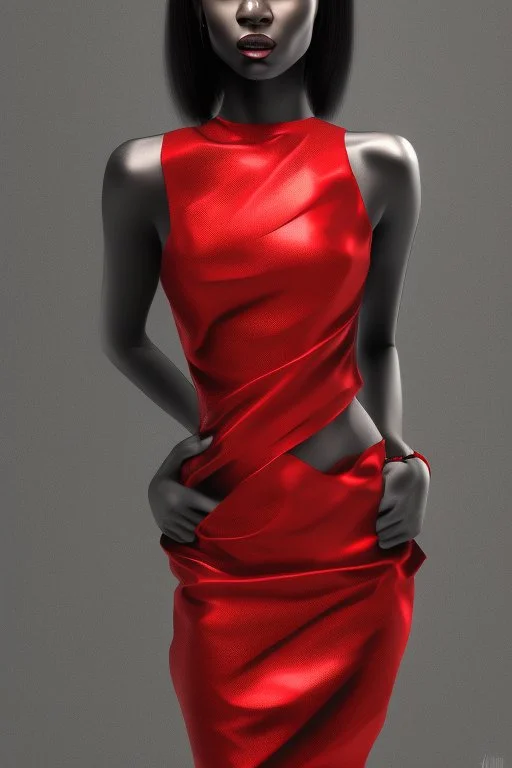 Portrait of a black woman wearing stylish red and silver dress.