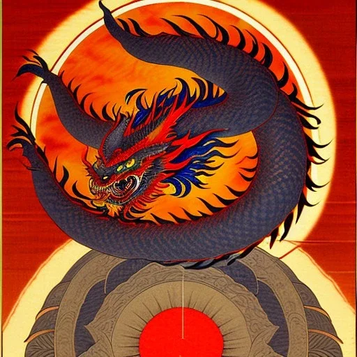 Ukiyo-e painting of a red dragon flying around a sun