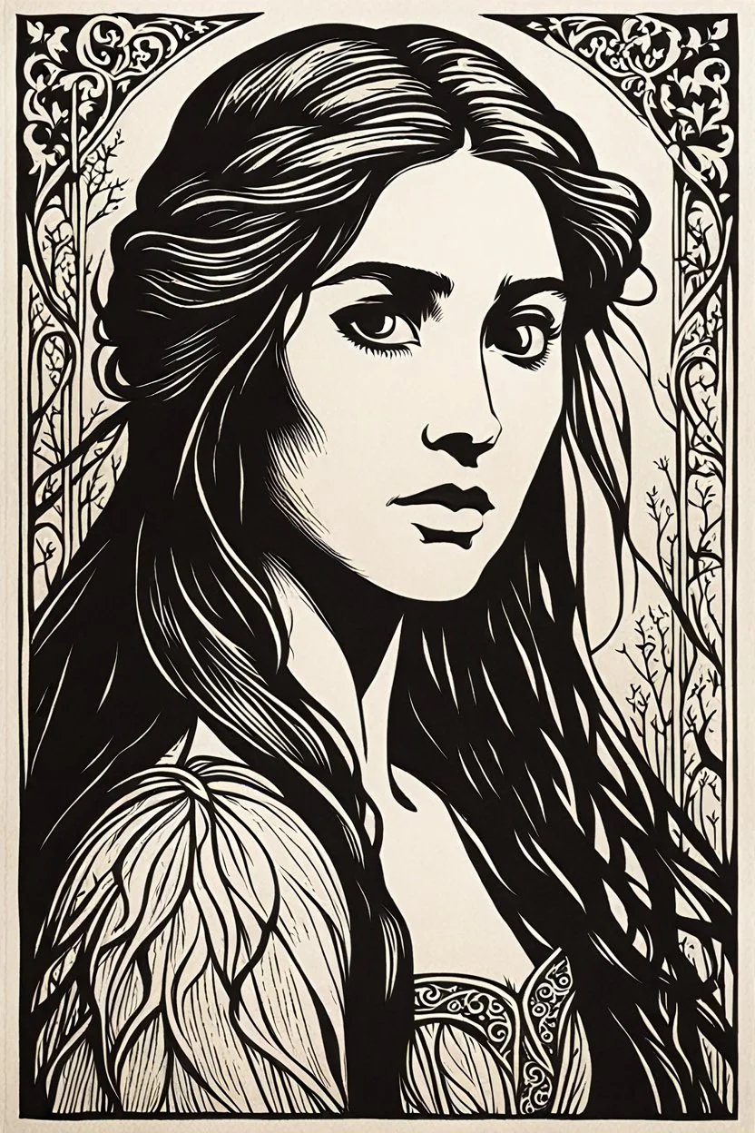 create a deeply powerful tragic, heart wrenching, and evocative, woodcut of fairy tale Rapunzel with highly detailed and deeply cut facial features, in the style of KATHE KOLLWITZ , searing lines and forceful strokes