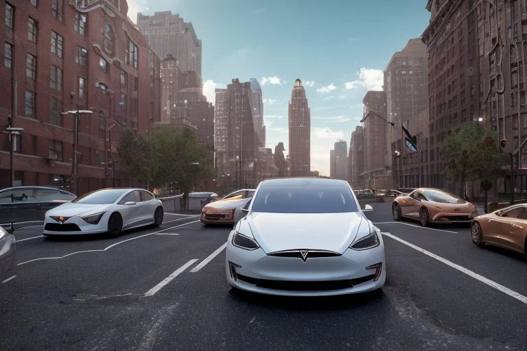 A Tesla 'Model Y' is parked, near the Flatiron Building in Manhattan. (CINEMATIC, WIDE ANGLE LENS, PHOTO REAL)
