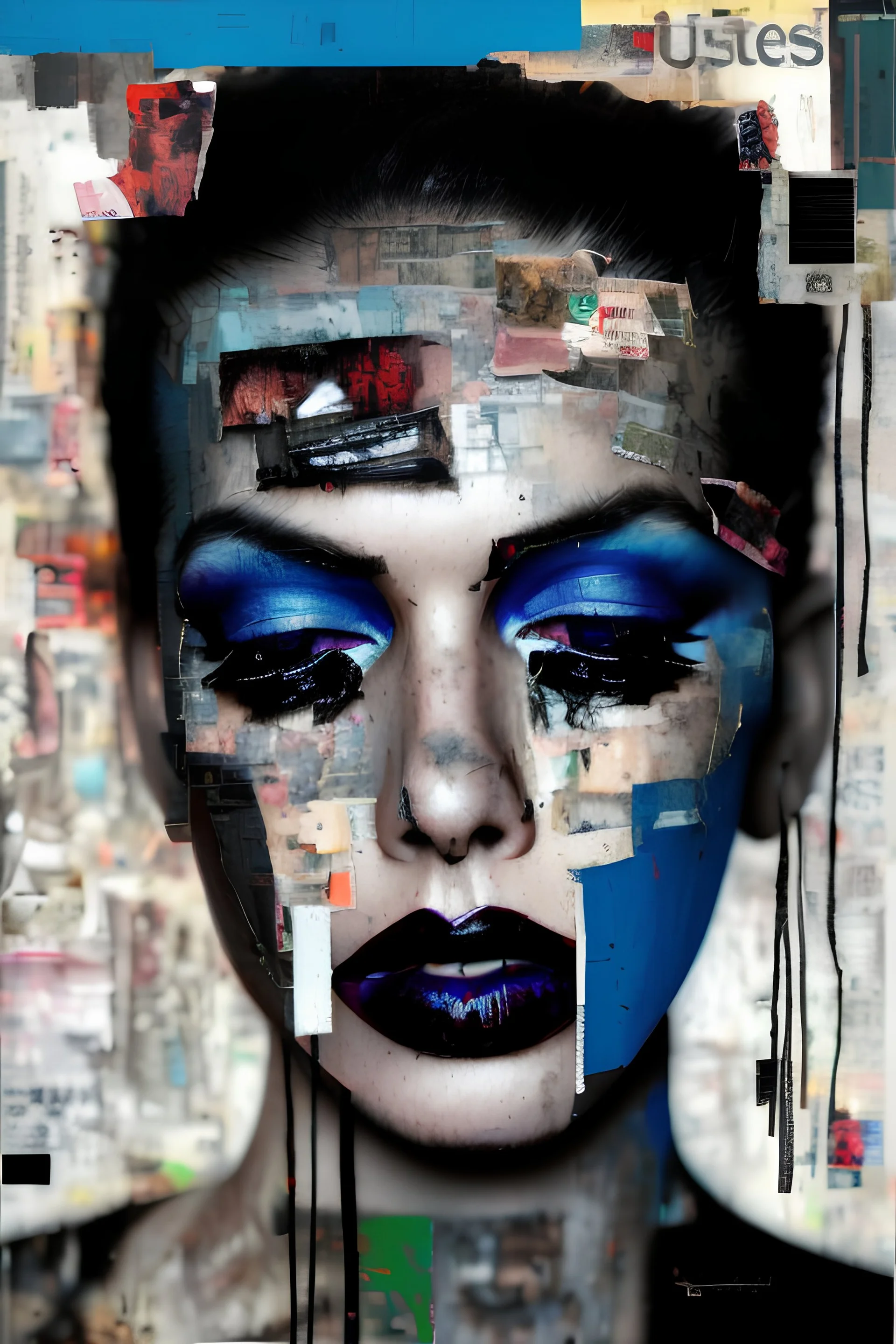 Ultra detailed medium portrait painting of a woman, abused, chaos and dark,torn up collage strips of photo clippings, graffiti spots in background,matrix effects, punk visual art, punk art aesthetic, graffiti art, pop surrealism, collage art, cluttered paint glitches