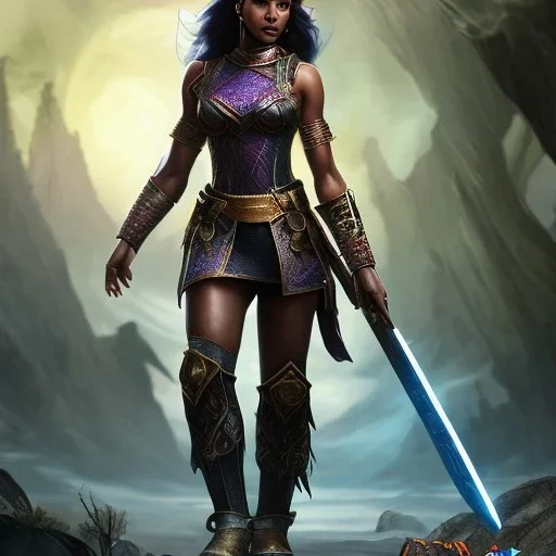 Full body, fantasy setting, heroic fantasy, woman, dark skin, Indian, 20 years old, half-hawk haircut, magician, warrior, hourglass body shape, bicolor hair, muscular, cinematic, Arabian clothes, insanely detailed