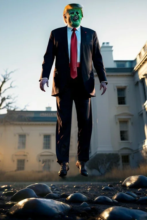 Ultra realistic image, Donald trump zombie, zombie performance, suit, skull, blood, torn arm, night, walking twisted, waist up view, thriller style, dark ambient, highly detailed, White House background, concept art, unreal engine 5, ray tracing, RTX, ultra detail, volumetric lighting, high definition, high resolution.