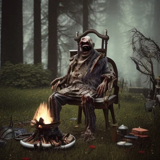 old zombie sitting near campfire, scary, steam punk, realistic, made in octane, cinematic, ultra-realistic, extremely detailed octane rendering, 8K, VRAY Super Real ar 2:3, dof photorealistic futuristic 50mm lens hard lighting dark gray tintype photograph, realistic lighting, sepia color