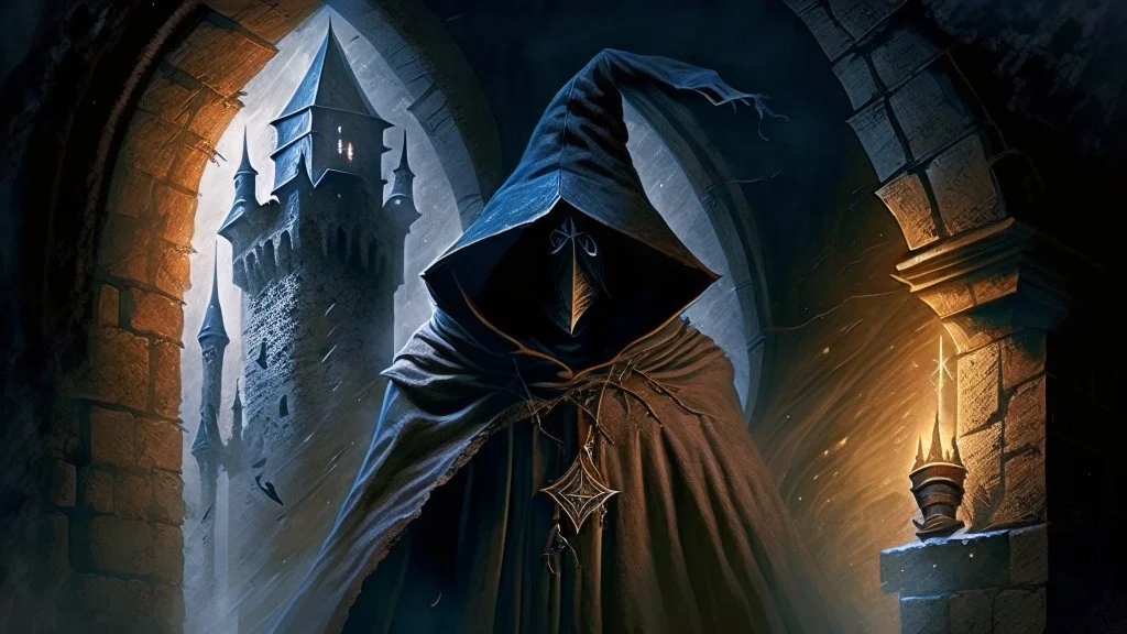 The hooded sorcerer in the castle tower