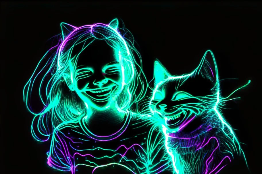 black background, outlines of a holographic happy girl with a cat drawn from thin neon-coloured glowing lines