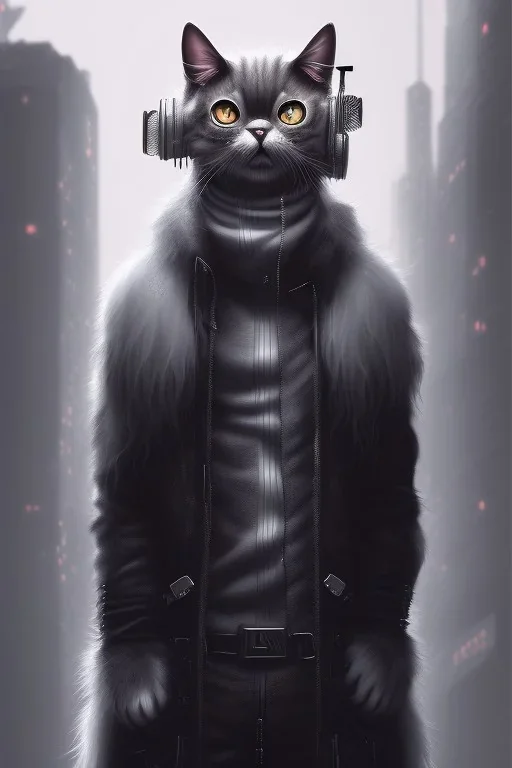 scary cat, long fur, soft, cute, black, Cyberpunk, city