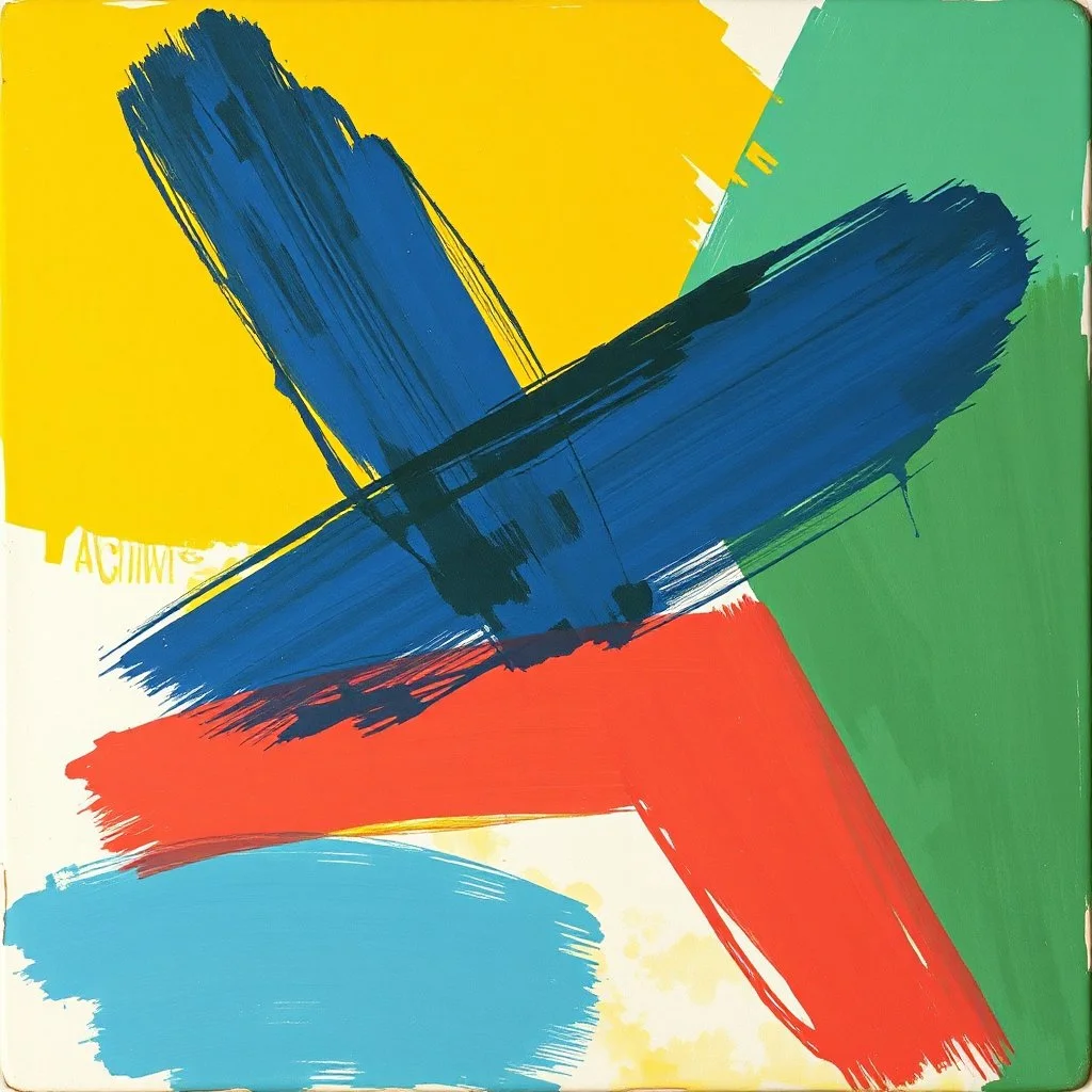 A painting consisting of abstract shapes in three different colors. Brush Strokes. Sloppy, non-realistic. Non euclidian. 3 dimensional. Depth.