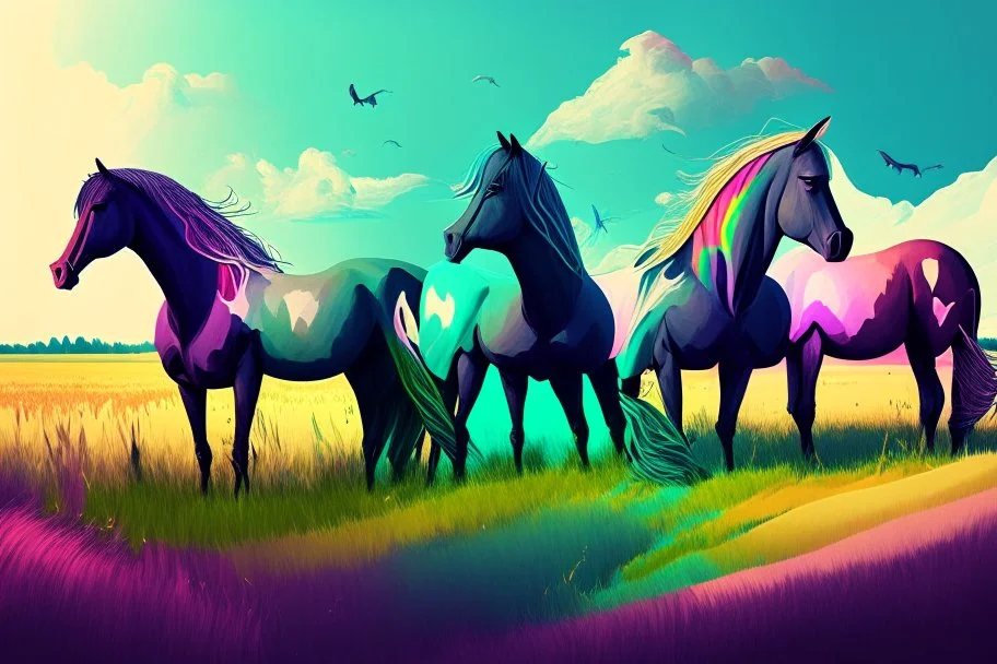 illustration fantasy horses of different colors in a field from afar