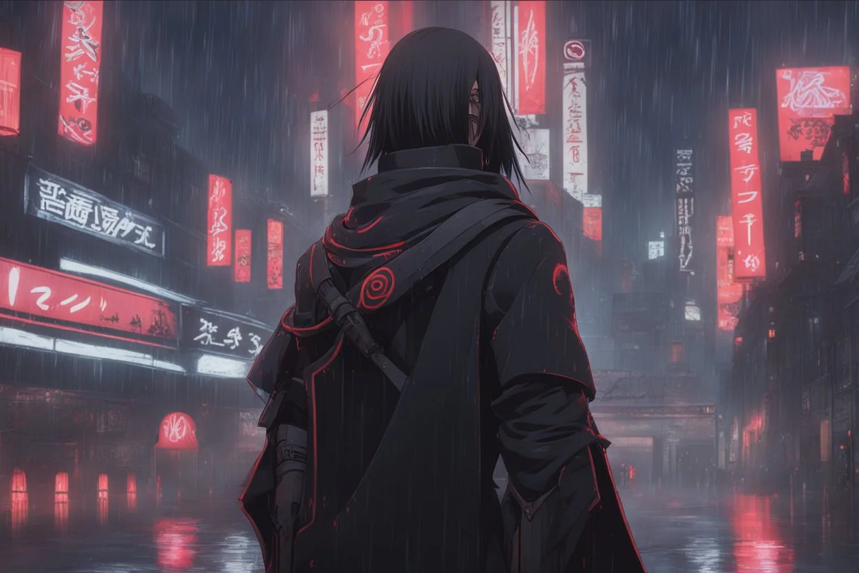 Itachi Uchiha in 8k nier automata artstyle, 2D them, Uchiha Custom, neon effect, close picture, rain, fantasy world, intricate details, highly detailed, high details, detailed portrait, masterpiece,ultra detailed, ultra quality