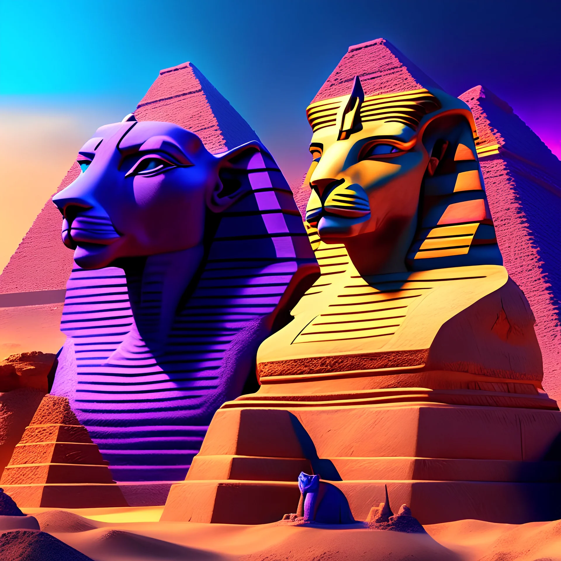 Piramides de Egipto y Esfinge obra de arte colores complementarios arte digital detallado hiperrealista iluminación cinematografica hermoso impactante coherente nítido 8k