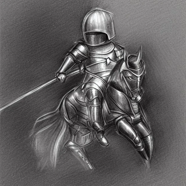 line pencil sketch, little knight on the horse in armor with lancet charging