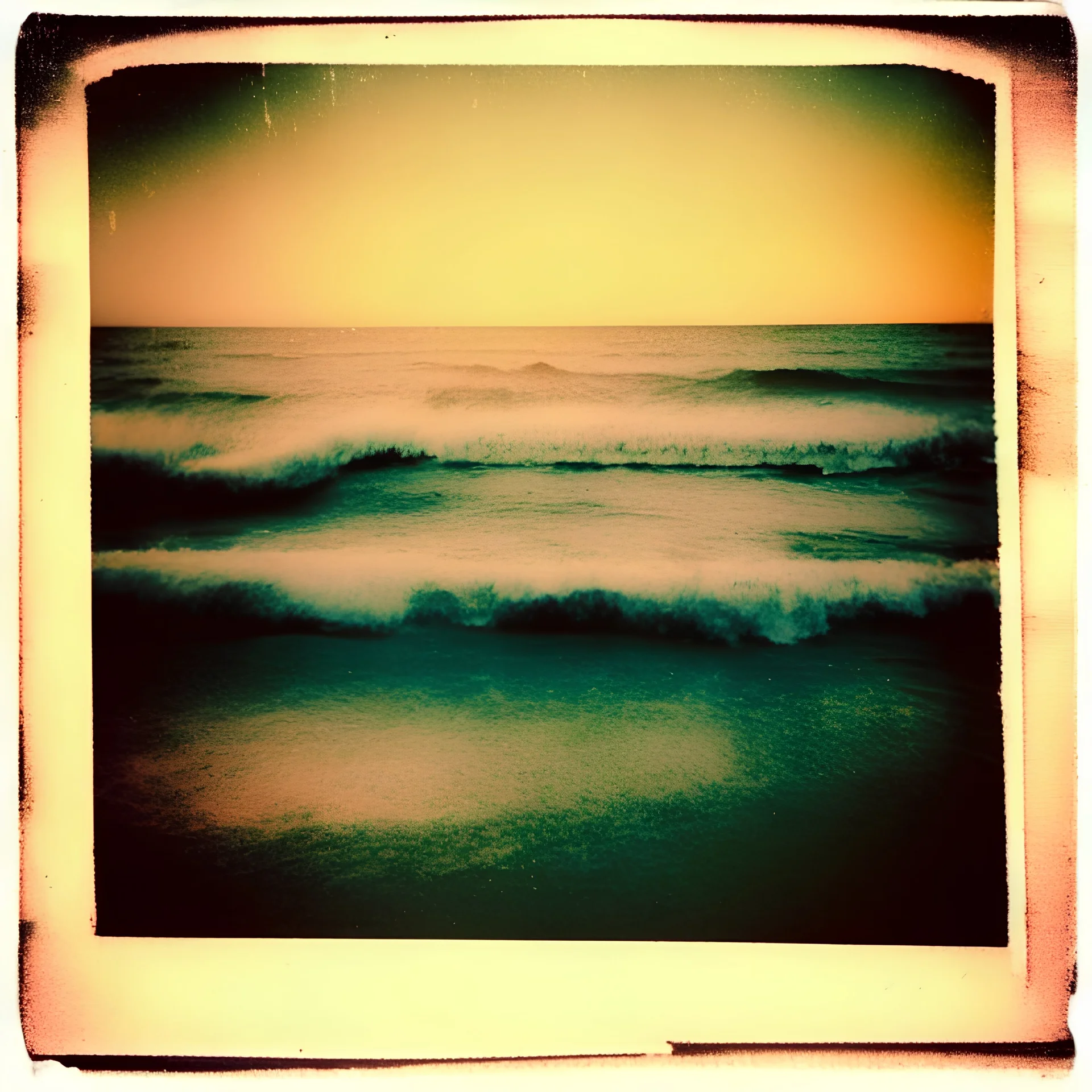 Photographic, Sea, soft waves, polaroid with damaged border, 1968, sunset, tape