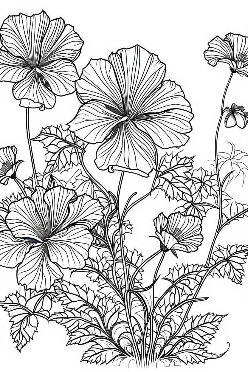 Outline art for coloring page, AVANT GARDE DRAWING OF A GARDEN OF A GERANIUM FLOWER, coloring page, white background, Sketch style, only use outline, clean line art, white background, no shadows, no shading, no color, clear