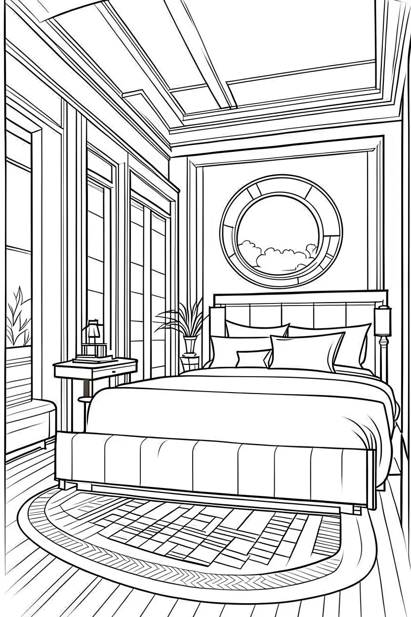 "Time-Travel Themed Suites: Step into the Past and Future within the STAR Hotel." each unique, flat vector, full view, only draw lines, clean line art, –no sketch, white background, minimalistic black lines, minimal black color, coloring page, thin black line art, perfect shape, perfect clear lines,