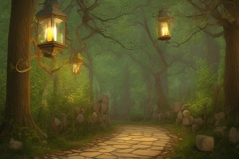 wooded forest stone path lantern