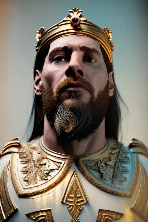 Ultra Realistic image, sculpture, white marble material with gold veins, Lionel Messi, gold laurel leaves crown, gold ornaments, Renaissance style, sun rays background, waist up portrait, epic, celestial, cinematic lighting, God lights, 4k resolution, smooth details, soft lighting, unreal engine 5, art station, substance 3d.