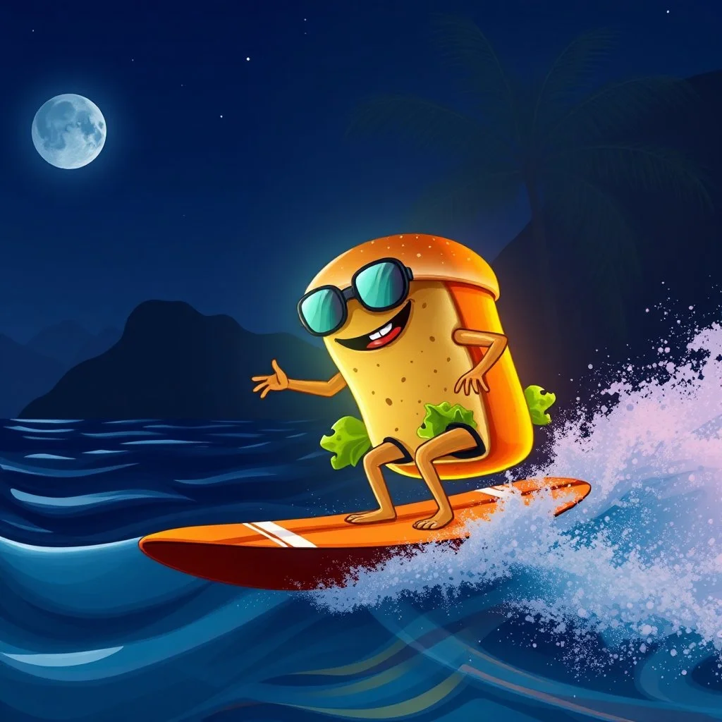 anthropomorphic Cheeseburger surfing the vibe wave at night