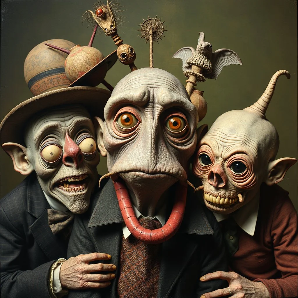 The oddest composition and mixture of beings, details very accentuated, Max Ernst style, oniric, pompous, George Grosz, distorted, blatant, gross, mundane, analogic photography