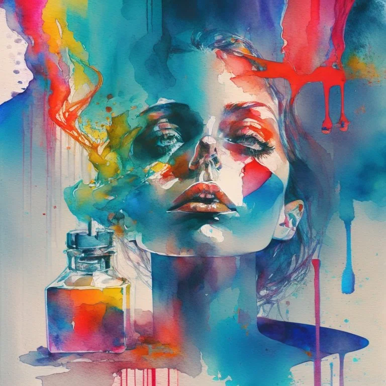 Depict a composition with contrasting elements representing the allure and temptation of drugs. Use bold colors and strong visual contrasts to create tension. watercolour