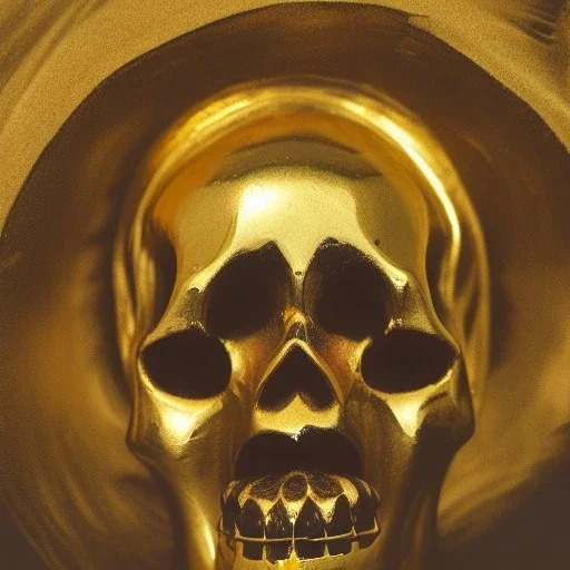 a gold skull with three eyes and sharp pointed teeth