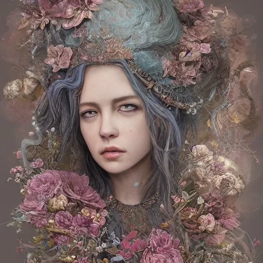 Insanely detailed photograph of an “portrait of American goddess ” with intricate hair, intricate embroidered dress, beautiful clear face and hyperdetailed painting by Ismail Inceoglu Huang Guangjian and Dan Witz CGSociety ZBrush Central fantasy art album cover art,8K, hdr, romantic, mysterious, ominous, flowers, jewelry, comfort, "arms open for embrace"intricate and detailed headdress,head bowed