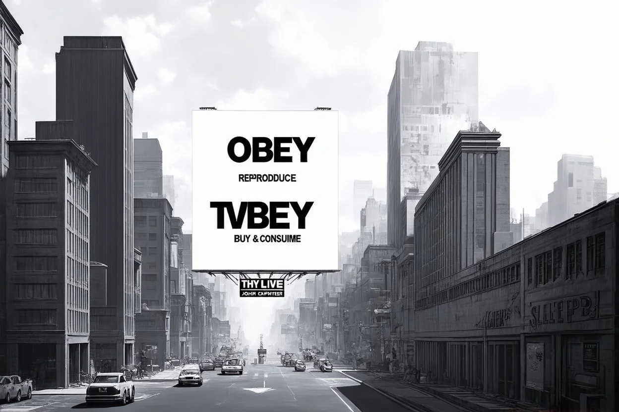 greyscale cityscape; large white billboards populate the city with black block lettering with text "OBEY", "REPRODUCE", "CONSUME", "BUY", "SLEEP", 'They Live' by john_carpenter movie still, concept art