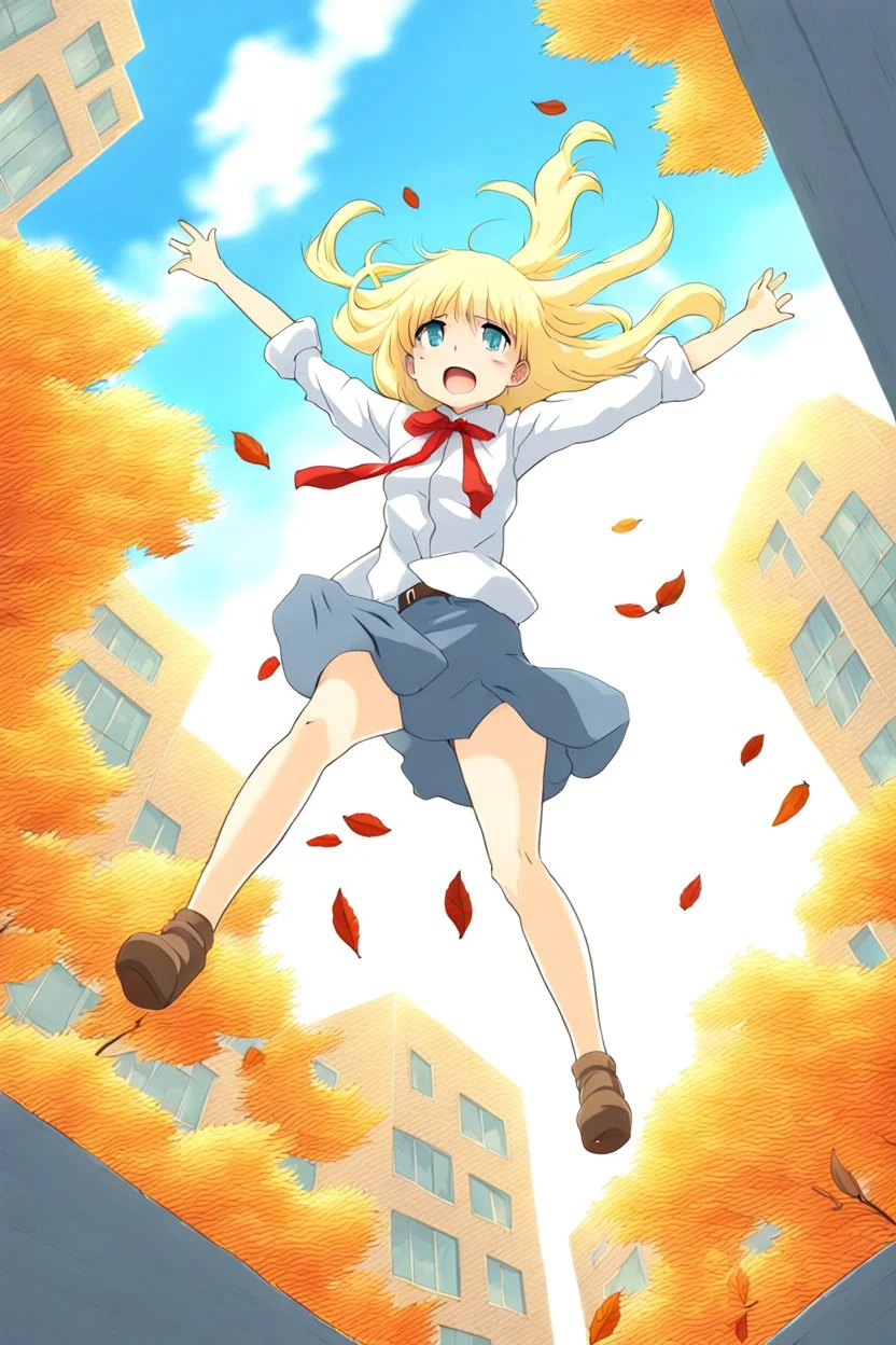 Blonde girl fall from sky. Anime style