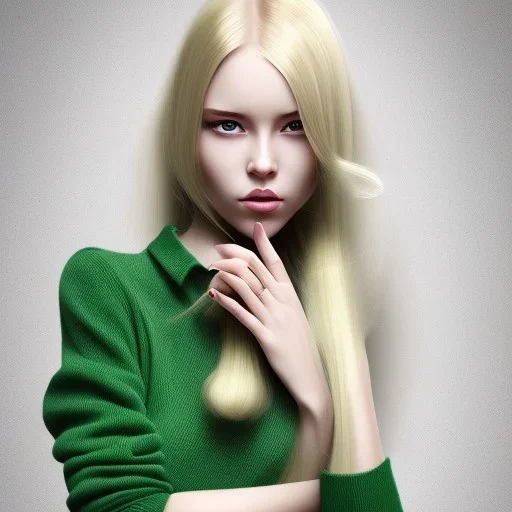 girl green sweater blonde hair with pan in the hand