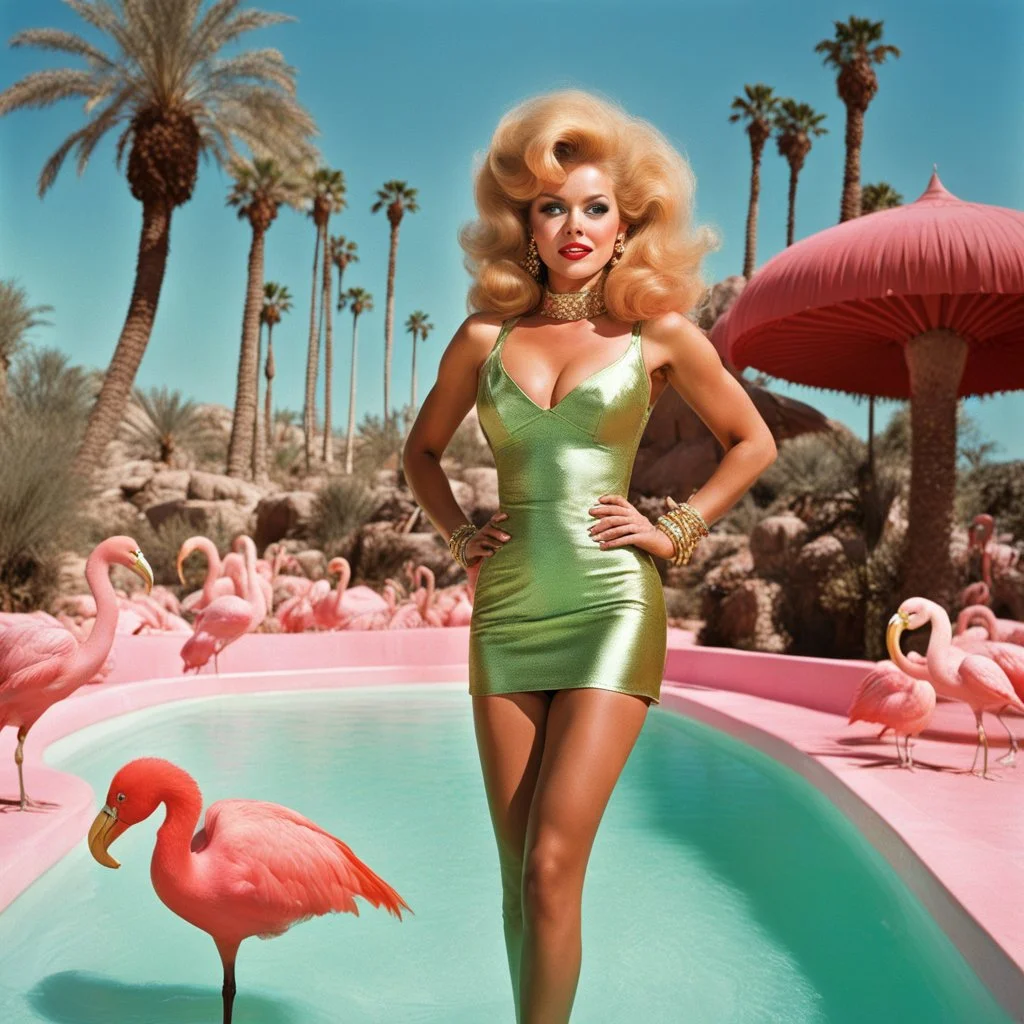 [high res photo by Gilligans Island] In the dazzling city of Las Vegas, Clad in a short green dress that sparkles under the desert sun, Barbarella finds herself in a most curious setting—a pink swimming pool teeming with flamingos and bananas, ready to fight, in dust, rust and blood, her body is covered with cartridge belts