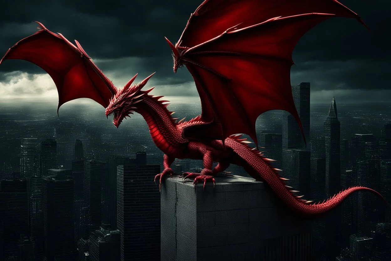 red dragon on top of a building wings outstetched dark fantasy lightening