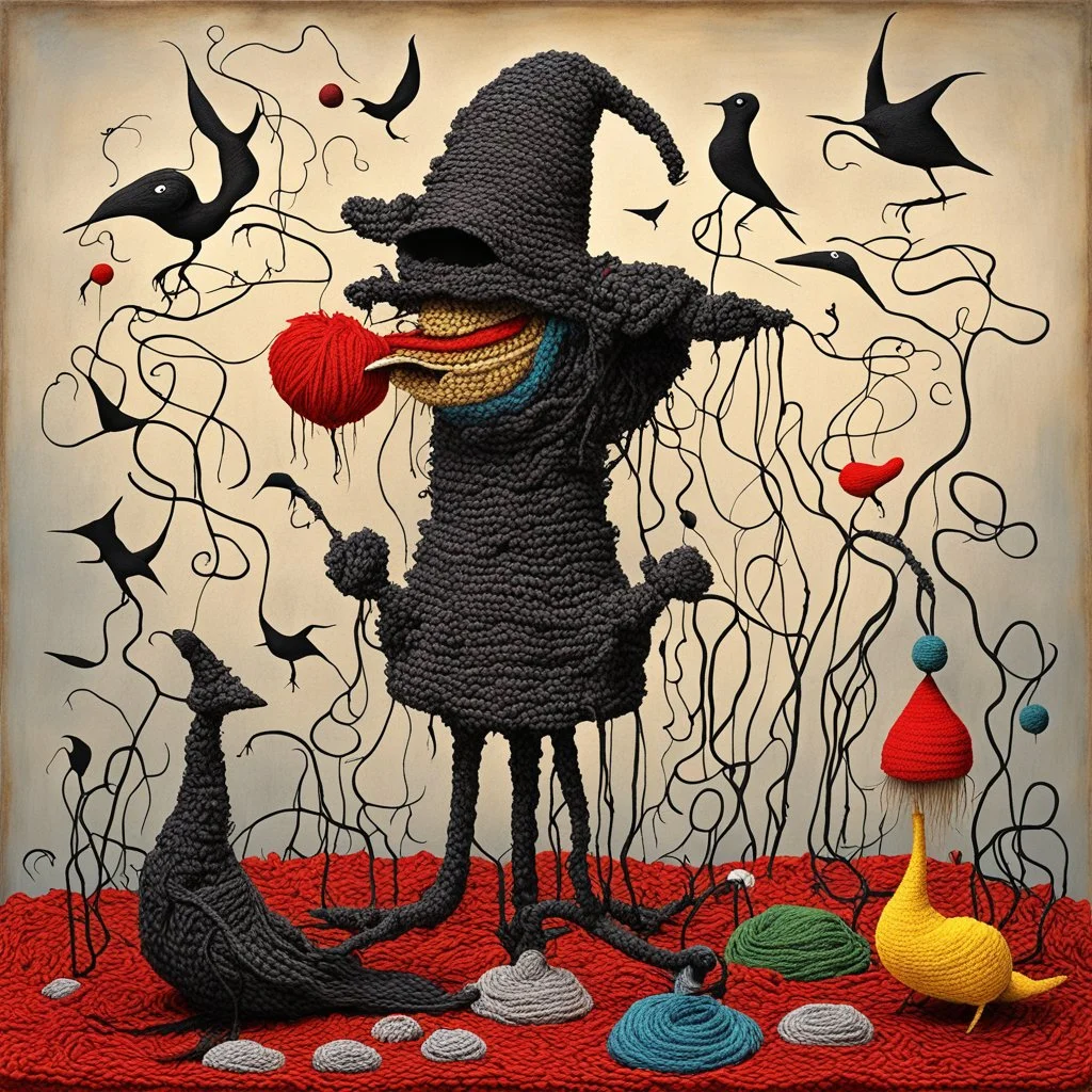 Horror surreal composition by Joan Miro and Salvador Dali, Abstract yarn art Plague Doctor feeding cartoon birds, surreal 3D abstract crochet art, heavy yarn textures, absurd knitted absurdities, weirdcore, Dada movement abstract art