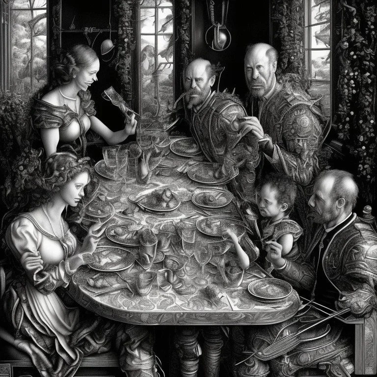 Marjorie Green Taylor, Ron Desantis, eating dinner, detailed black-and-white etching Dürer style