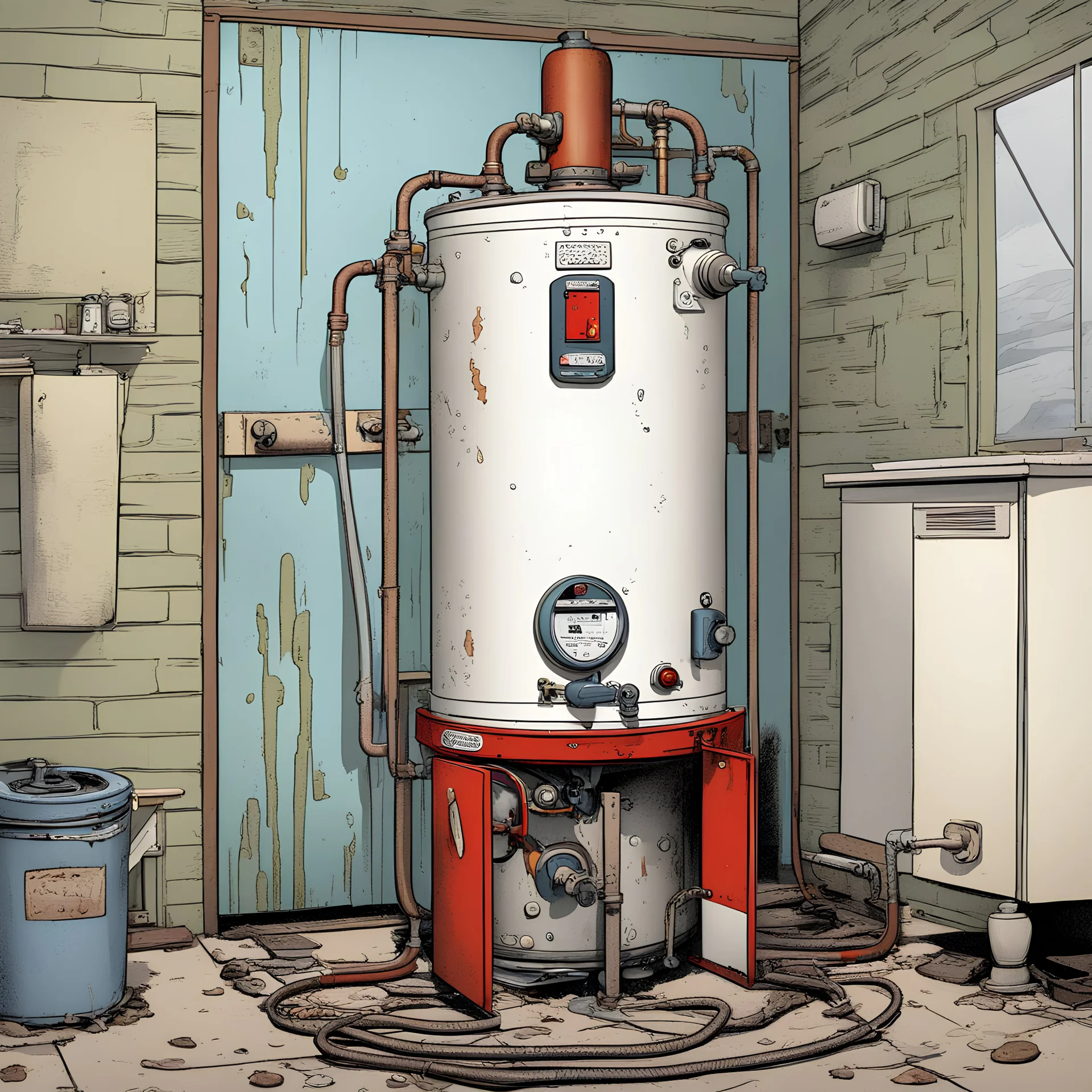 water heater, front view, comic book, cartoon,, used, dilapidated,