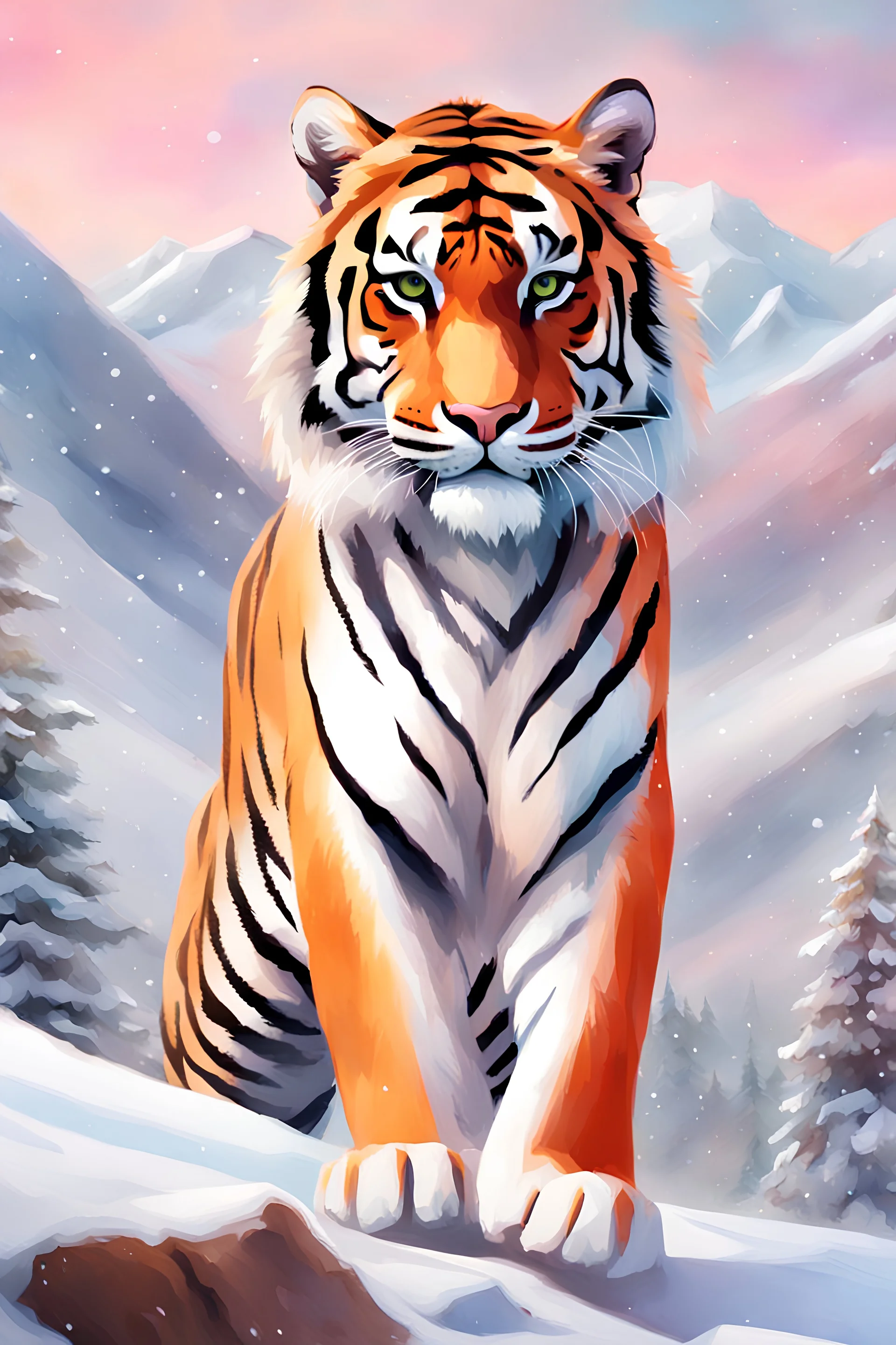 Create a unique 8K clipart design of full body shape Tiger, snowy landscape, perfect fit to image, pastel watercolors and mixed oil painting style. hi-quality colors, each image is unique style design,