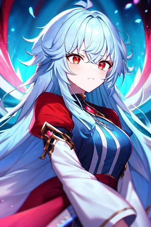 girl, masterpiece, best quality, cinematic lighting, detailed outfit, vibrant colors, perfect eyes, light blue hair, long hair, vibrant red eyes, messy hair, angry, ice magic,