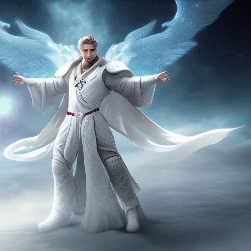 First image is of the main character's full body. He’s to look like a powerful angel with white robe, symbols on hands glowing, His background should be that of space above with stars and standing on a paradise of a planet. His belt can transform into a white dragon.