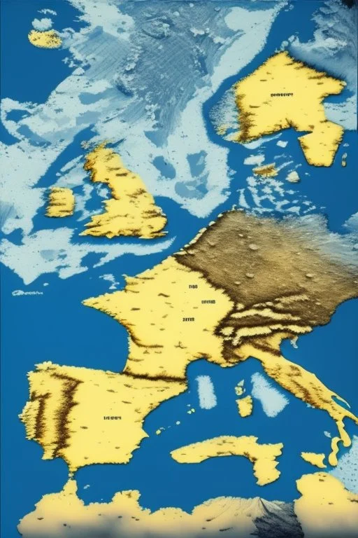 European countries are viewed from space, roads, cities, signs are visible. Highlight the names of the countries on the map. The clouds are naturalistic