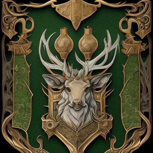 coat of arms of an elvish forest city with a stag on it, very detailed