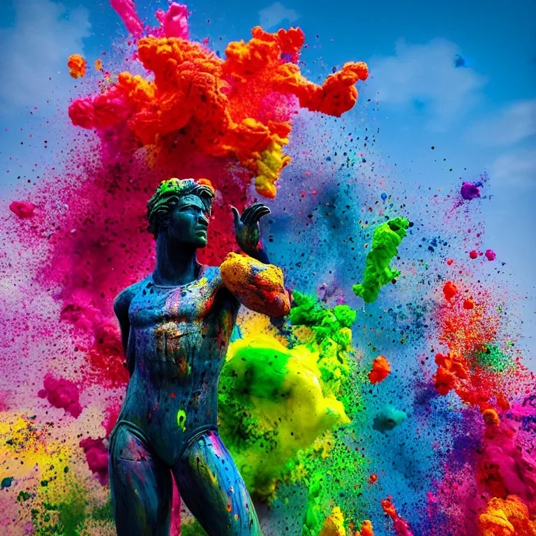 A magnificent statue covered in colourful paint splaters, majestic, Realistic photography, incredibly detailed, ultra high resolution, 8k, complex 3d render, cinema 4d.