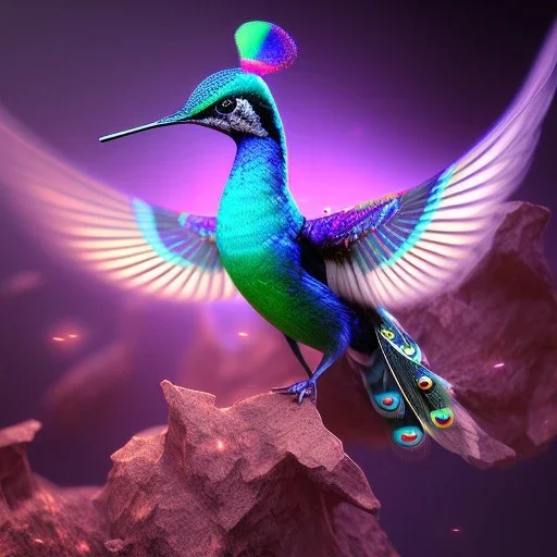 peacock, humming bird, fantasy art, Unreal Engine 5, lens macro,sharp focus, realistic, hyper detailed, studio lighting, neon light ambient, crystalized