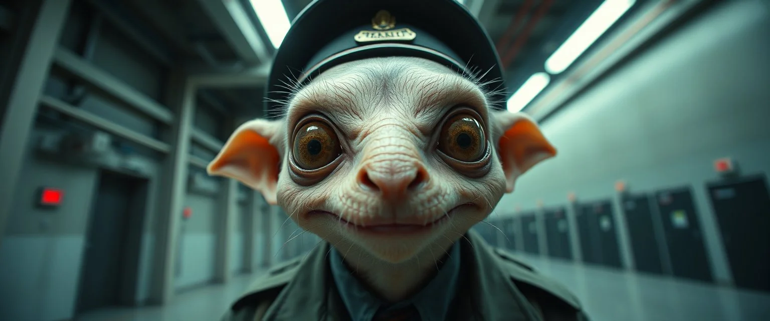 extreme close up on cheeky fluffy weasel goblin alien military prison guard news anchor elf family scumbag in the style of Escher and Giger and Fallout 4, pinhole cam, airbrush 3d rendering, on tv screen:A five-second cinematic single take in a clean industrial presentation hall.