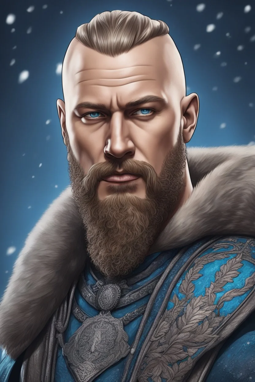 Ragnar Lothbrok in 8k cartoon artstyle, blue eyes, Bald, big beard, tattoos, winter, close picture, highly detailed, high details, detailed portrait, masterpiece,ultra detailed, ultra quality