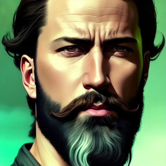 "MIddle aged white human male, with a trimmed but uneven beard, piercing green eyes with slick back hair,complete head and shoulders portrait, 8k resolution concept art portrait by Greg Rutkowski, Artgerm, WLOP, Alphonse Mucha dynamic lighting hyperdetailed intricately detailed Splash art trending on Artstation triadic colors Unreal Engine 5 volumetric lighting Splash art fantasy"