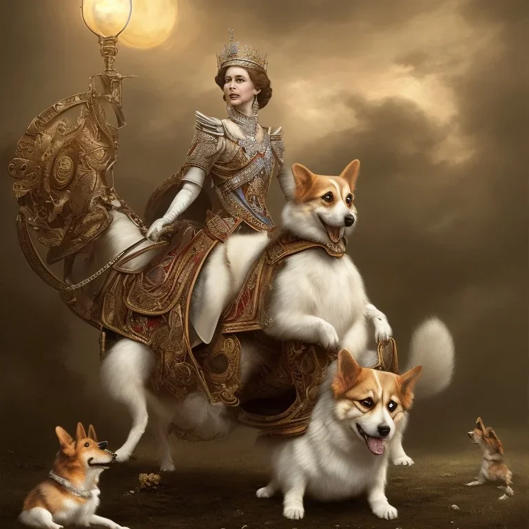 Portrait of queen elizabeth riding a corgi by seb mckinnon