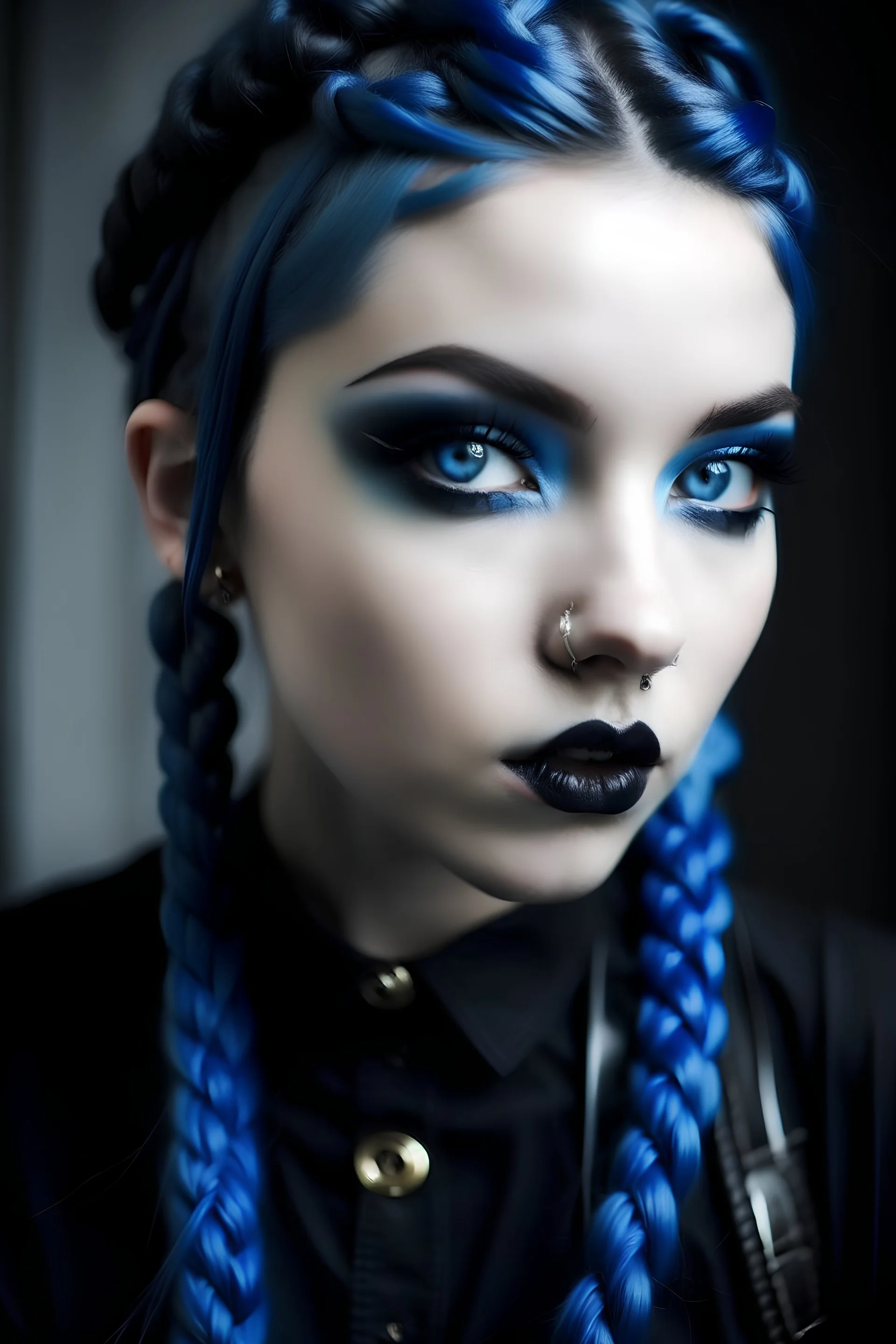 Pale girl, braided pigtails, dark makeup, blue hair, black lipstick, eyecontact